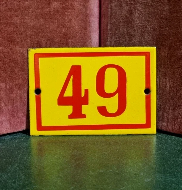 Vintage French enamel house sign number 49 yellow raised for door gate mailbox .