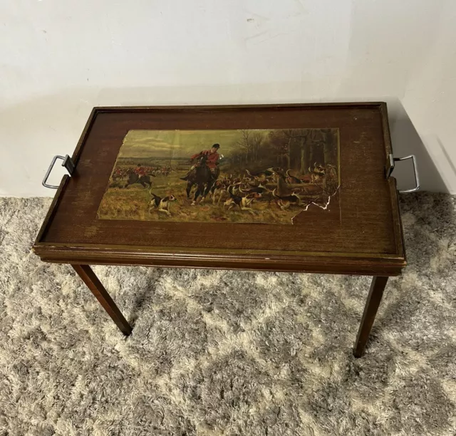 Antique Ferguson English Hunting Dogs Horse Decoupage Folding Tray Table 26x16”