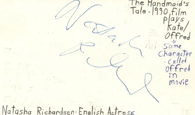 Natasha Richardson English Actress Movie Autographed Signed Index Card JSA COA