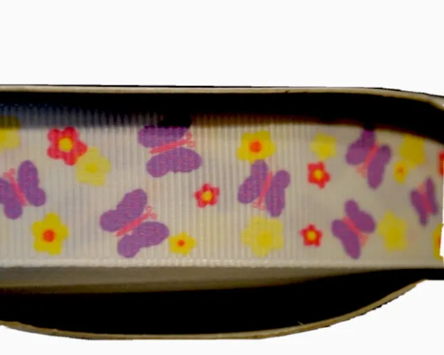 7/8" Printed Grosgrain Ribbon 5 YARDS Hair Bows Crafts Butterflies Flowers Pink