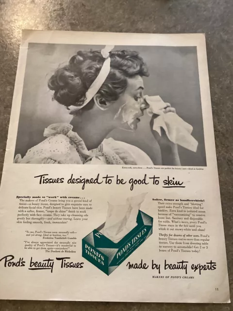 1949 Vintage  Print Ad Ponds Tissues By Beauty Experts