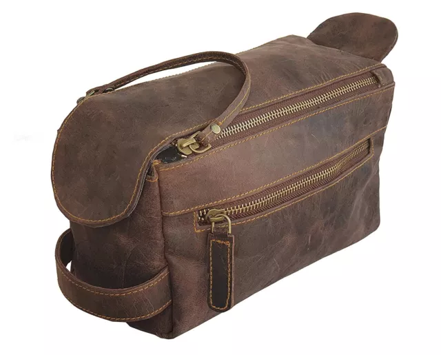 Genuine Buffalo Leather Unisex Toiletry Bag Travel Dopp Kit Men Shaving Case