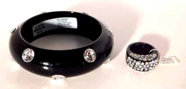 Swarovski Crystal Black Lucite Statement Bangle Bracelet + Oval Ring Set NWT