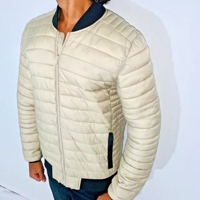 Rare ASOS Doudoune Bomber Nylon Glanz Veste Chaud Blanc Crème Noir Moyen