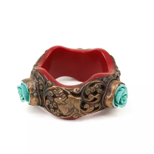 Tibetan Bangle Repoussé Stone Bracelet