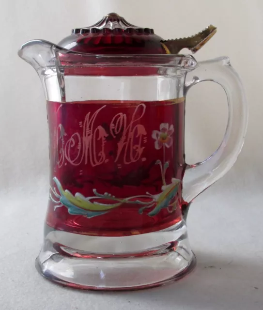 Victorian enameled ruby stained syrup pitcher with glass lid, 6" h.  EAPG