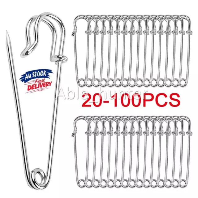 Up 100X Large Safety Pins 70mm Silver Tone Metal Craft Sewing Quilt Need AU NEW