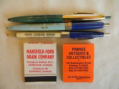 Illiopolis Divernon Pawnee Illinois farm grain automotive pens low #s matchbooks