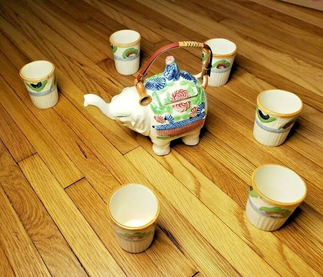 VINTAGE JAPANESE PORCELAIN Tea Set Elephant Teapot + Rider Lid + 6 Tea