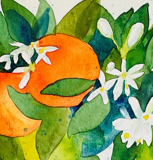 Oranges Original Watercolor Painting Spring Citrus Fruit Blossoms Green Leaves