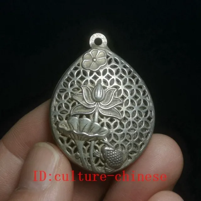 Chinese Tibet Silver Carving lotus frog necklace Pendant Old Collection Gift