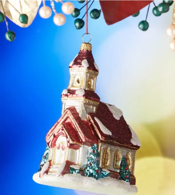 Brand new  Neiman Marcus snowy Church Holiday Ornament santa house christmas