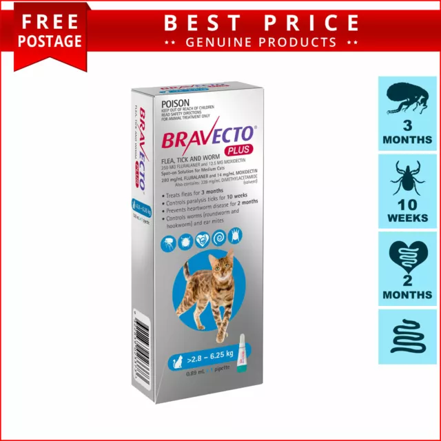 BRAVECTO PLUS 1 Dose BLUE for Cats 2.8 to 6.25 Kg Flea Heartworm Control