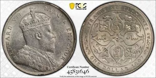 Straits Settlements , 1 Dollar $1 1907 King George V -  Pcgs Ms 61 ( 21 ) , Rare