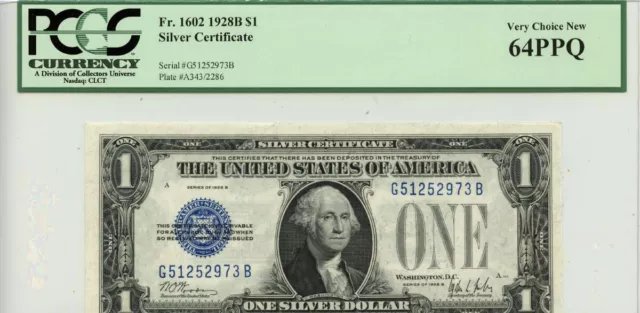 1928B $1 Silver Certificate Blue Seal FR#1602 PCGS CH 64 PPQ