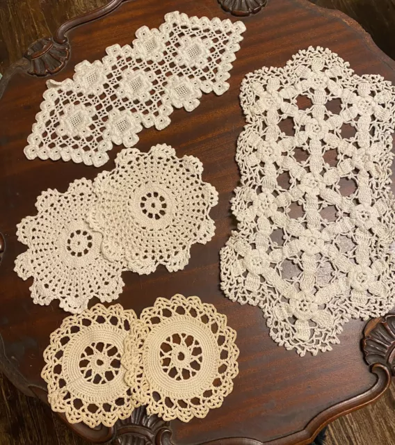 Vintage White Cream Crochet Hardinger Doilies  Arm Chair Vanity Lot Of 6