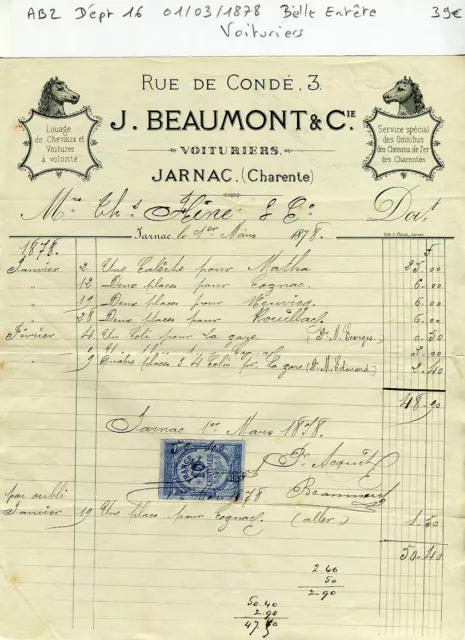 Dépt 16 - Jarnac 3 Rue de Condé - Belle Entête Rare Voituriers du 01/03/1878