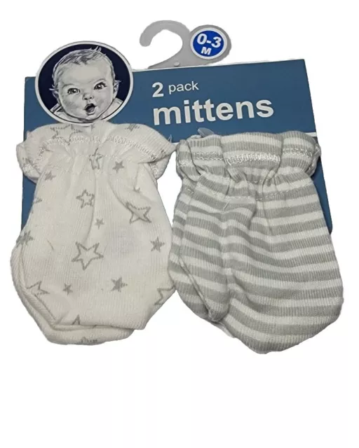 Gerber 2 Pack Mittens No Scratch Mittens Infant Unisex Stars Stripes Gray 0-3 M