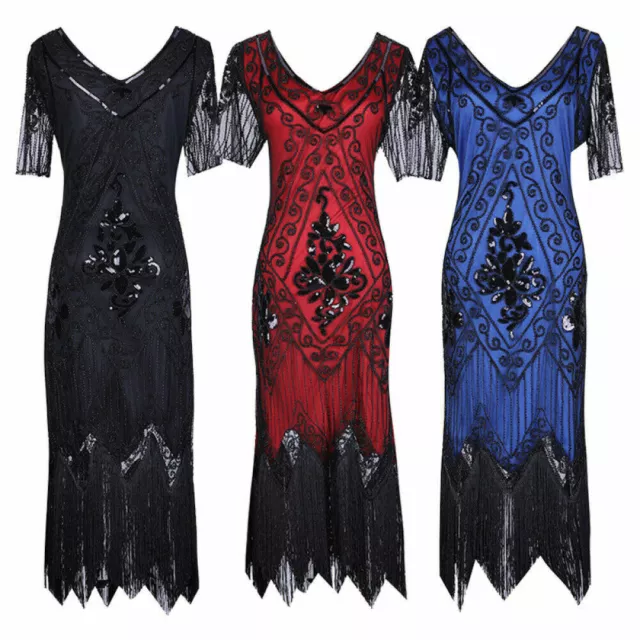 Women 1920s Gatsby Inspired Sequin Beads Long Fringe Flapper Tassels Hem Dress U