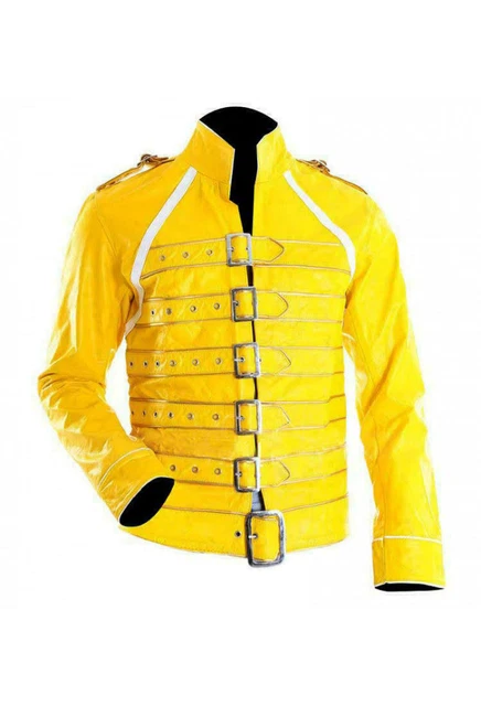 Freddie Mercury Yellow Wembley Concert Halloween Leather Jacket Costume +Card-H