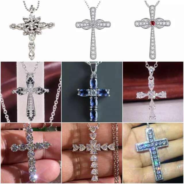 Cross 925 Silver Necklace Pendant Fashion Cubic Zircon Wedding Party Jewelry