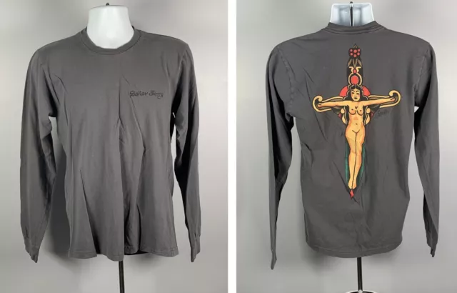 Sailor Jerry Naked Lady Logo Long Sleeve T shirt Mens Medium Gray Cotton