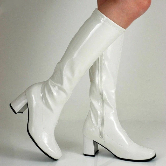 White Go Go Ladies Mens Retro Boots Womens Knee High 60s 70s Boots size 3-12