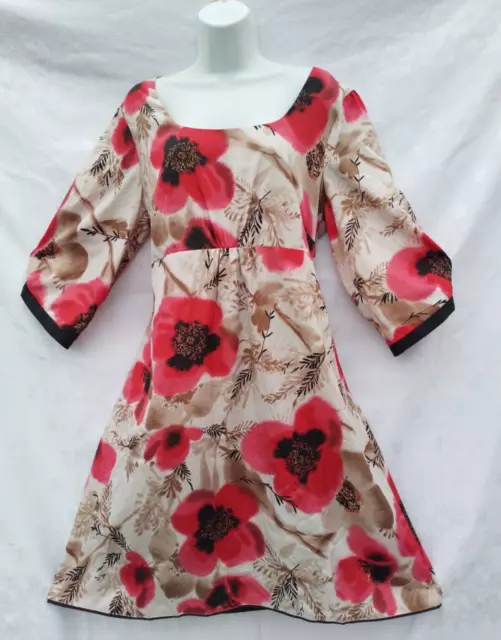 Women's New Monsoon White Red Black Floral Poppy 3/4 Sleeve Shift Dress Size 18