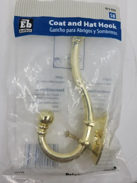 Bright Brass Finish Coat and Hat Hook Everbilt Ideal for Bathroom and Closet