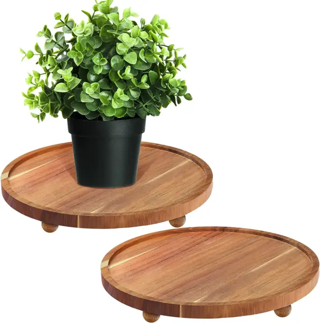 2 Pcs Wooden Plant Riser Stands Wood Pedestal Round Acacia Wood Stand Plant Tray