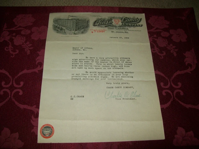 1928 Chase Candy Co. Letter To Mayor Of Albany New York  For Permission For Sign