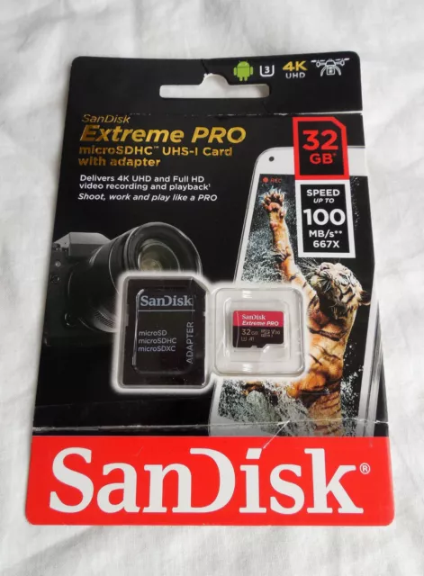 SanDisk Extreme Pro MicroSDHC 32Go U3 UHS-I A1 V30 4k UHD Video Class 10 100MB/s