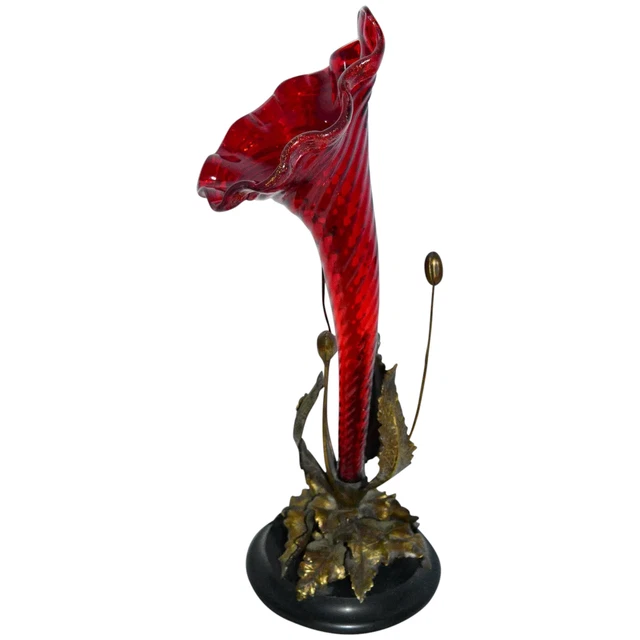 Antique European Art Nouveau Red Cranberry Swirl Gold Accented Glass Epergne