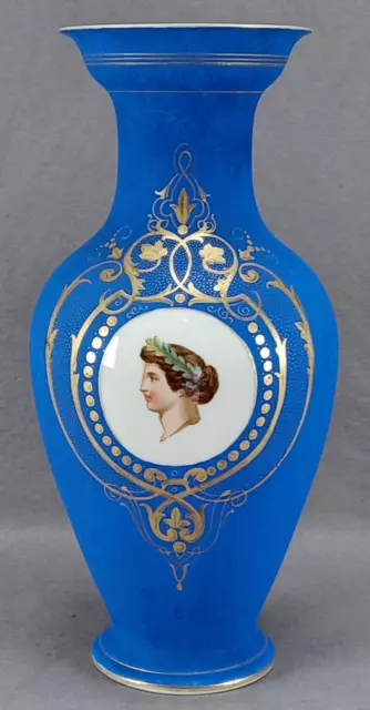 Old Paris Hand Painted Neoclassical Lady Portrait Medallion Blue & Gold Vase