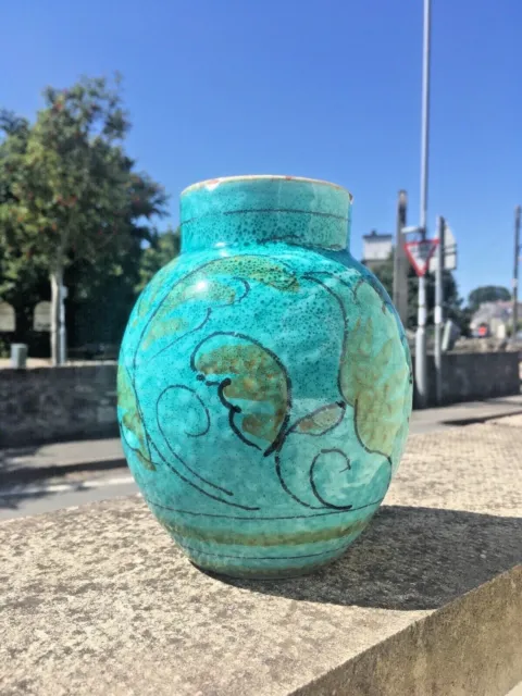 Mid Century 50'S Italian Pottery Turquoise Leaf Vase Retro Fratelli Fanciullacci