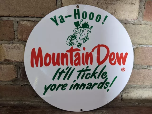 Vintage Mountain Dew Porcelain Soda Beverage Hillbilly Sign 12" In Diameter