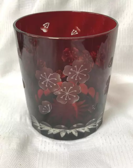 Ruby Bohemian ? whisky tumbler Czech cased glass hand cut to clear  9 cm H