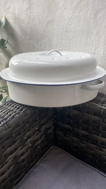 Estaño tostado esmaltado blanco/azul vintage