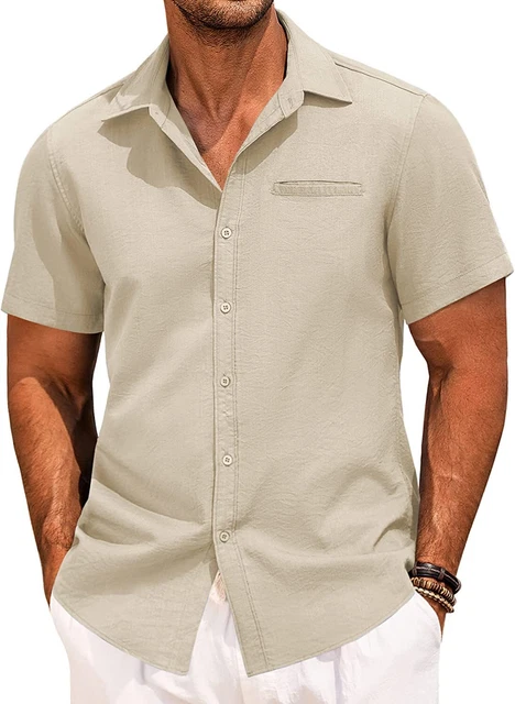 COOFANDY Mens Casual Linen Shirt Short Sleeve Button Down Shirt Summer Beach Haw