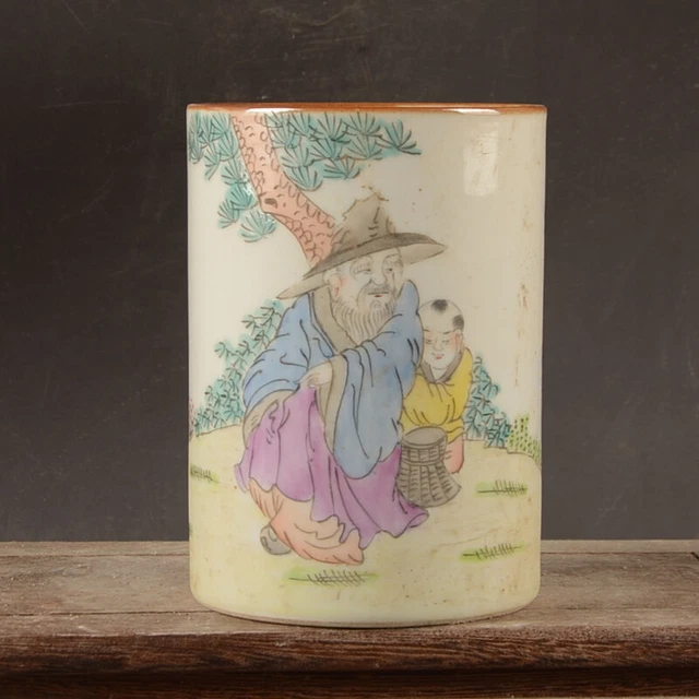 4.7" Collect China Famille Rose Porcelain Hand Painting Figure Grain Brush Pot