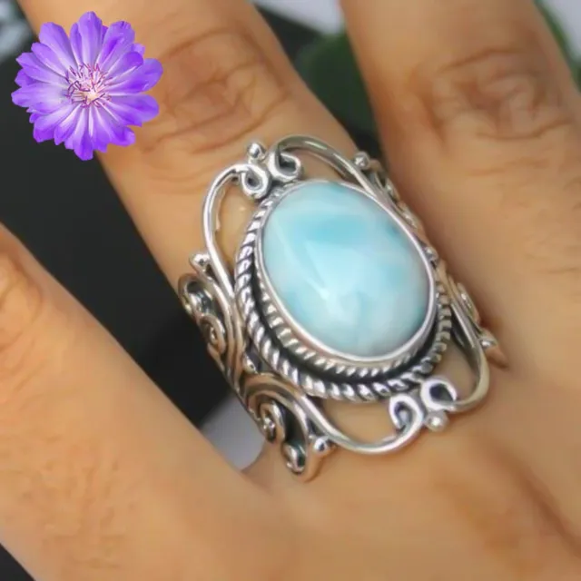 Natural Larimar Gemstone 925 Silver Ring Handmade Jewelry Ring All Size