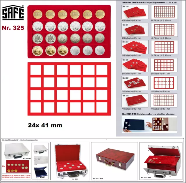 Münztableaus-24x-41mm-quadratische-Fächer-Rot SAFE 325 ca.330x220mm Für Unzen