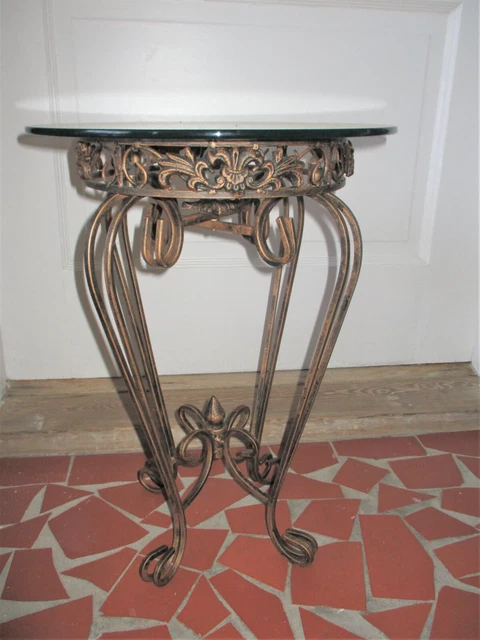 Vintage French Style Gold Metal / Iron Accent Table with Round Glass Top