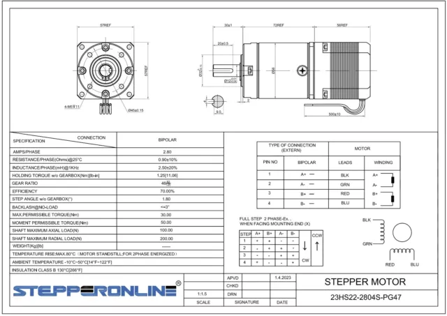 NIB Nema 23 Stepper Motor Bipolar L=56mm w/ Gear Ratio 47:1 Planetary Gearbox