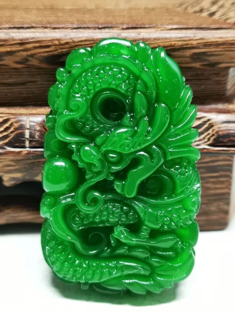 Nice Chinese. Natural A Spinach Green Jade Hand Carved Dragon Pendant Y87