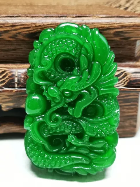 .Nice Chinese Natural A Spinach Green Jade Hand Carved Dragon Pendant e10