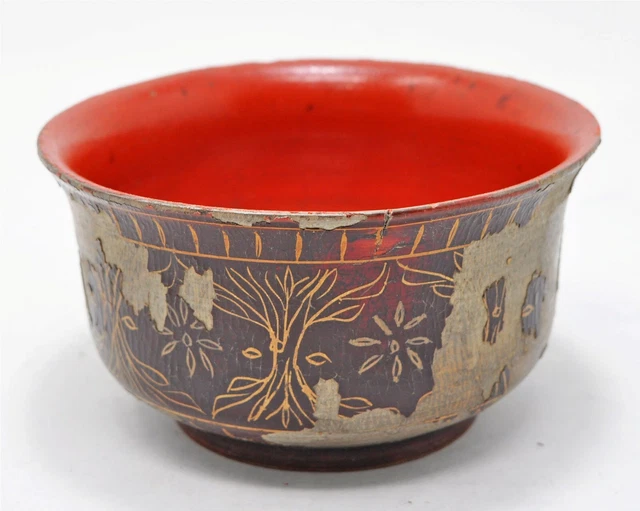 Antique Wooden Round Kitchenware Curry Bowl Original Old Hand Carved Lacquered