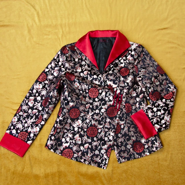 Giacca a vita floreale leggera vintage anni '90 nera argento rosso argento taglia S UK 10