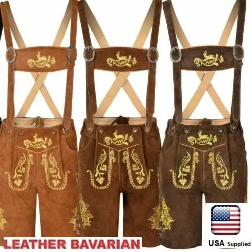 German Bavarian Oktoberfest  Trachten Lederhosen Real Leather Men Matching Short