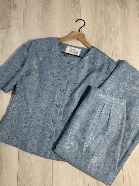 Tarah Elizabeth Blue Jacquard Short Sleeve Jacket & Pencil Maxi Skirt Set Sz 10